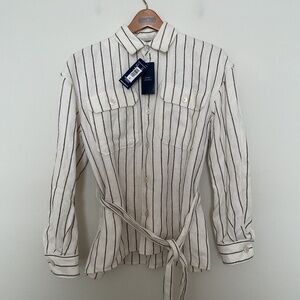 Polo Ralph Lauren Womens 6 Belted Striped Linen Utility Shirt Cream & Brown $298